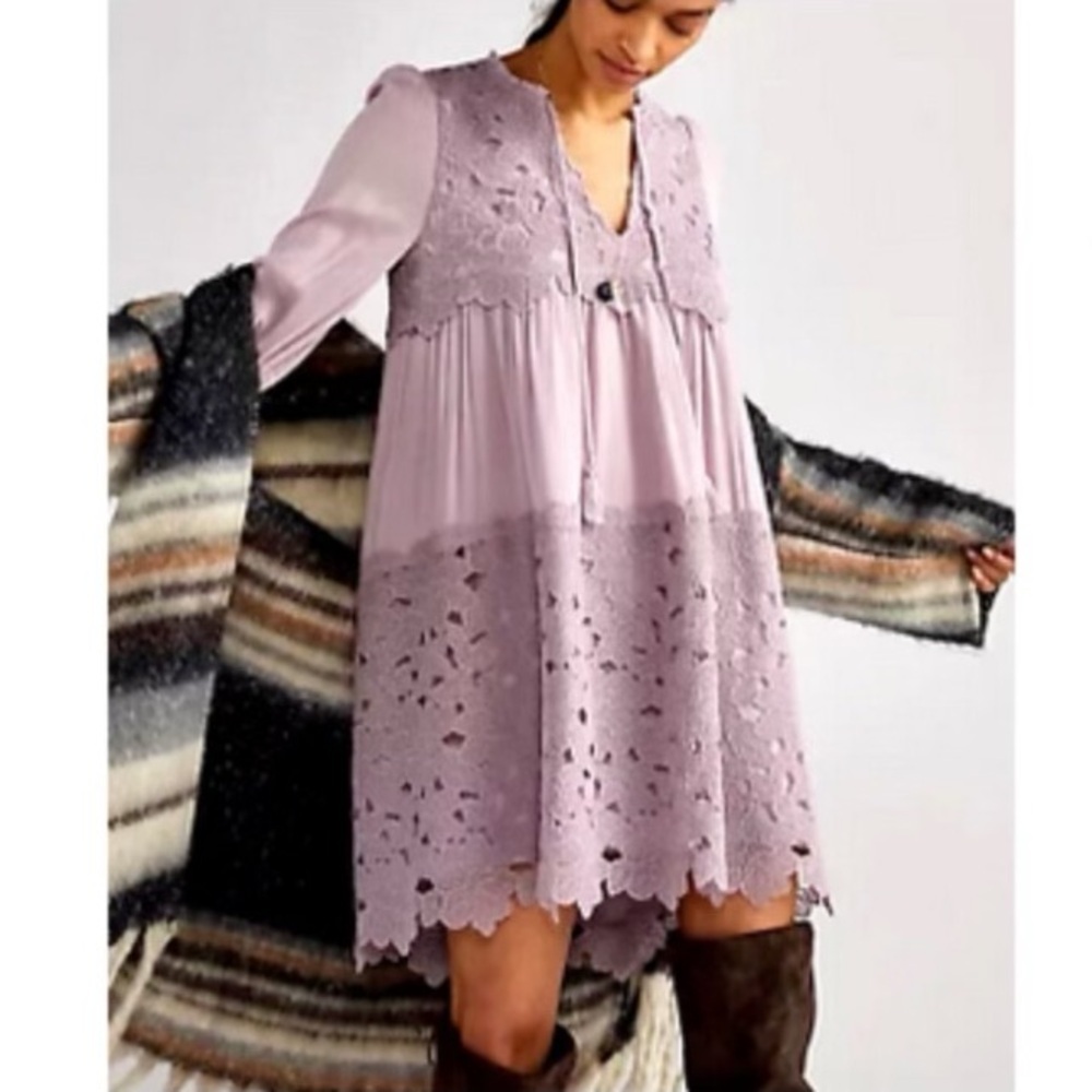 Anthropologie Embroidered Lace Tunic‎ Dress Lilac Bohemian Size XSP Cottagecore